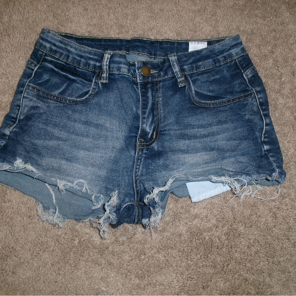 - SHEIN Blue Jean Shorts with Frayed Hem and Distressed Details